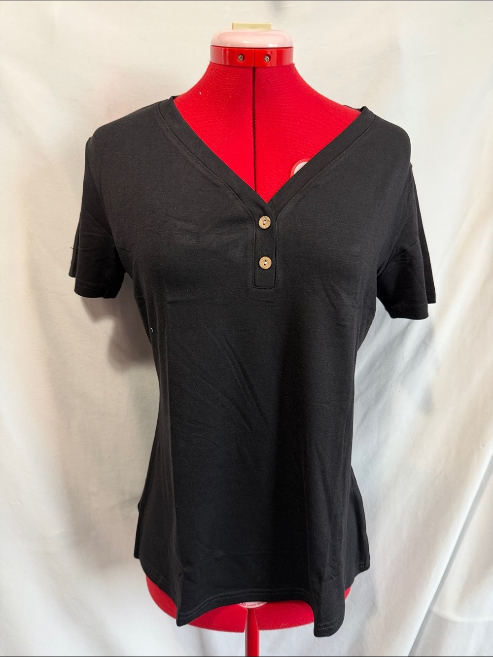 Women’s Black V-Neck Short Sleeve Button Tee